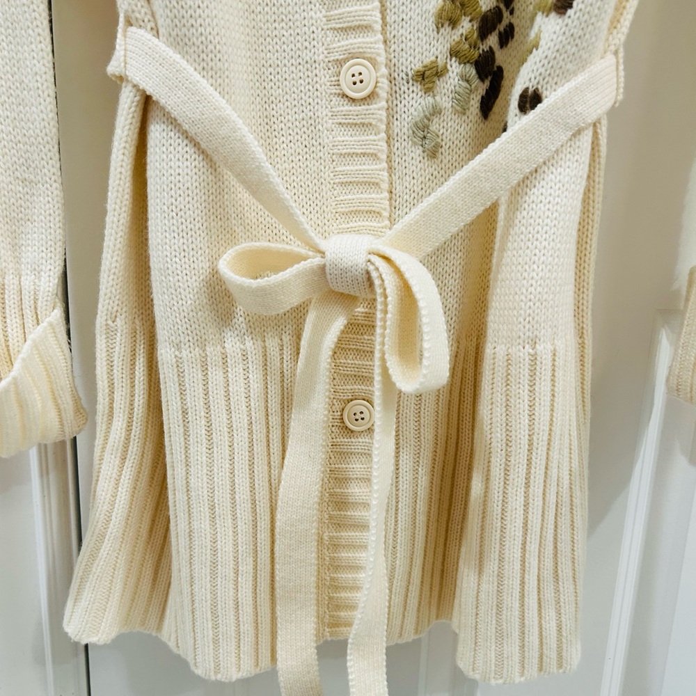 Vintage 90s Together Ivory Chunky Wool Bear Embroidered Cardigan Shawl Collar L - Picture 7 of 14